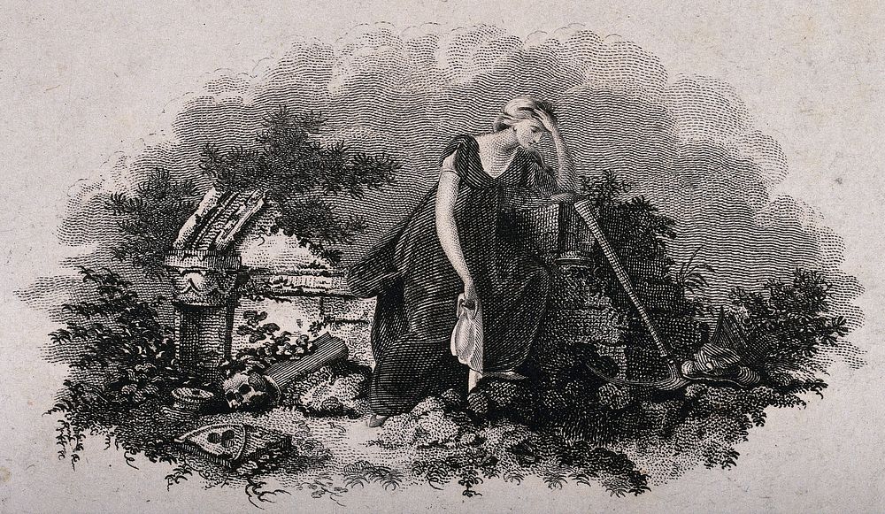 A distressed young woman leaning on a dilapidated wall in a graveyard. Etching with engraving.