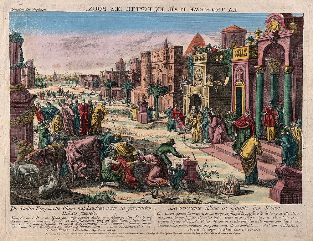 The plague of lice. Coloured etching.