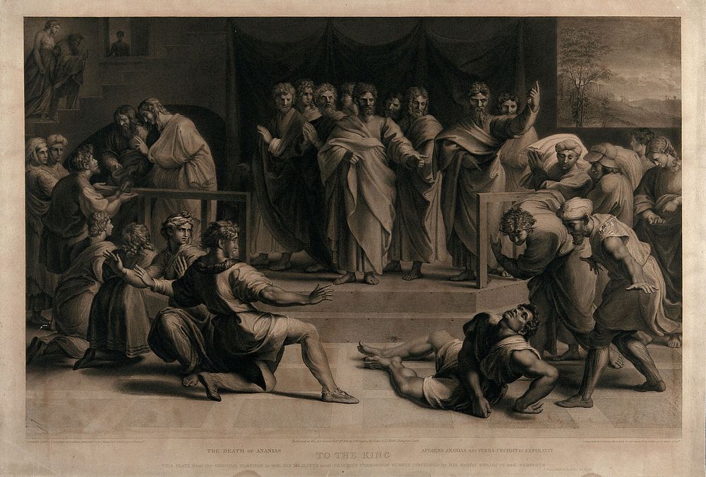 The death of Ananias. Engraving by T. Holloway, J. Holloway, R. Slann and T.S. Webb, 1816, after Raphael.