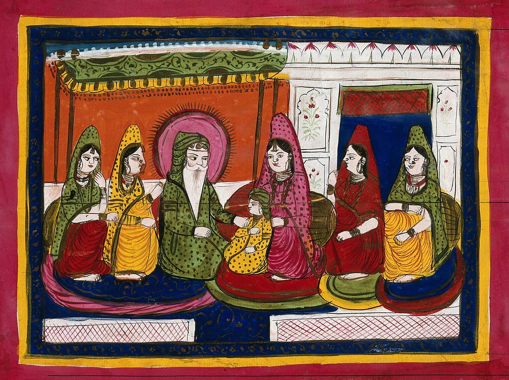 Ranjit Singh, Maharaja of the Punjab, with his wife and child accompanied by his secondary wives. Gouache painting. Page 140.