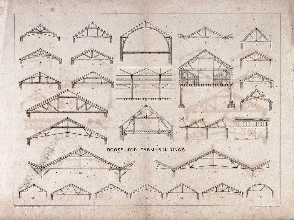 Architecture: various roof trusses for agricultural buildings. Lithograph by Whiteman and Bass, 1866.