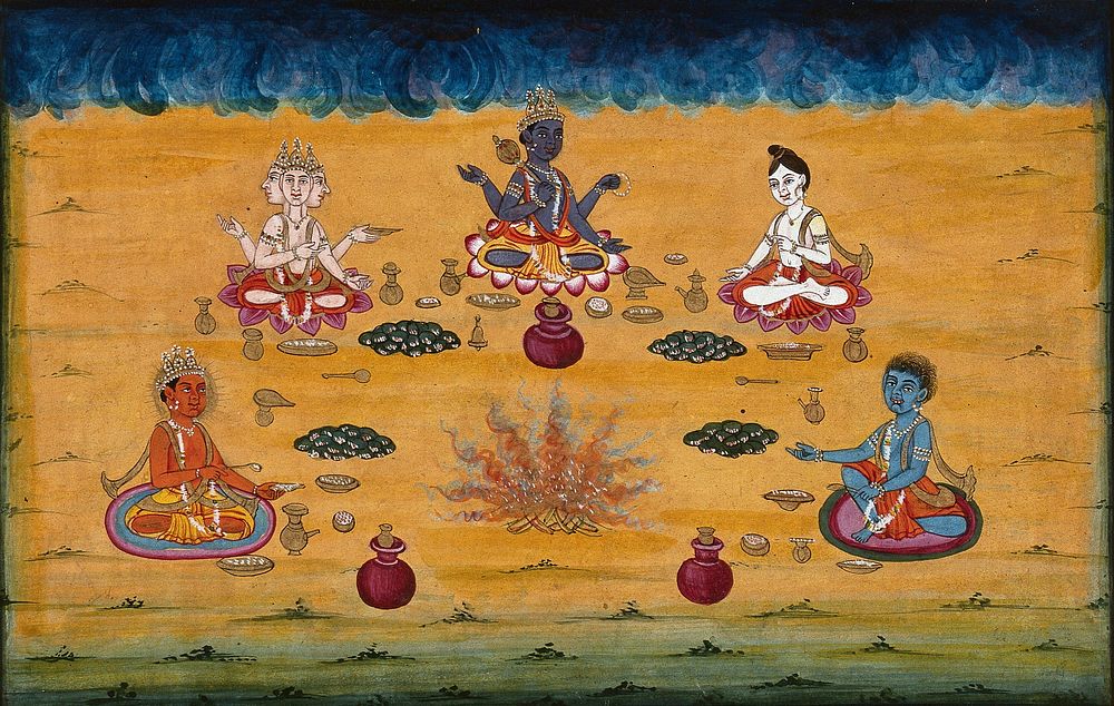 Vishnu, Brahman and three other deities perform a yagna, a fire sacrifice, an old vedic ritual where offerings are made to…