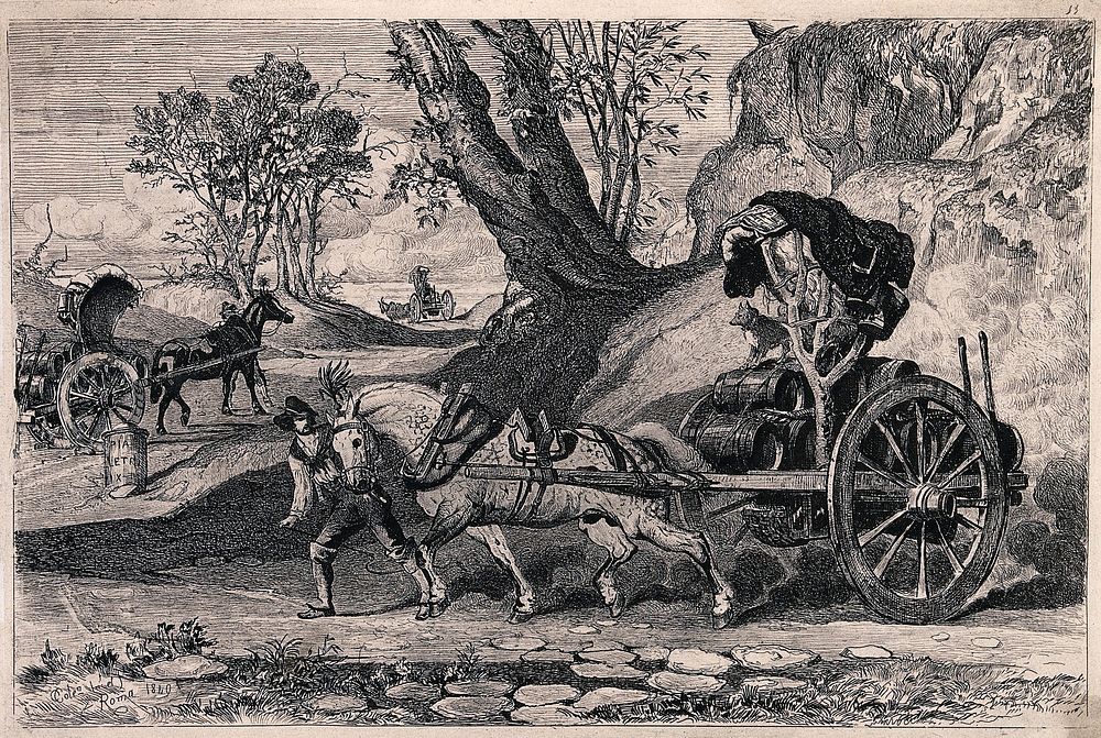 A man is leading the horse which is pulling a waggon loaded with wine casks while the dog travels on top. Etching by Colen…