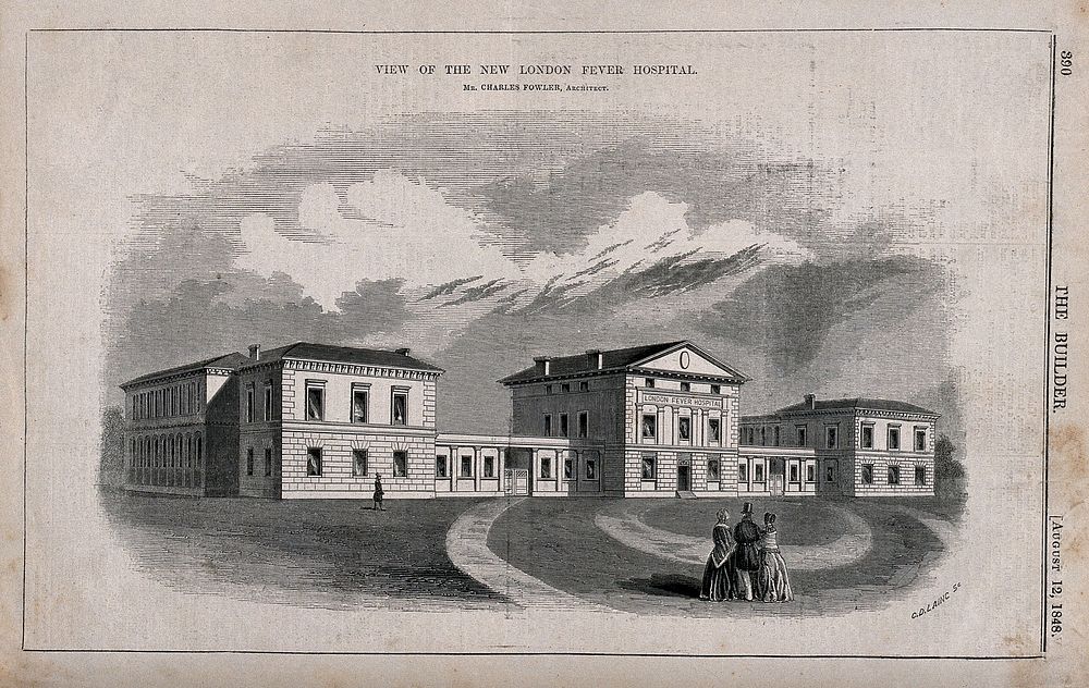 London Fever Hospital, Liverpool Road, Islington: viewed from the north. Wood engraving by C. D. Laing, 1848.