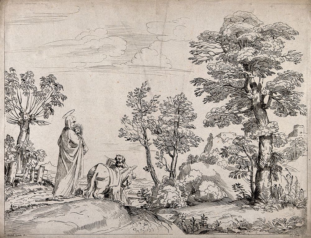 Mary and Joseph voyage to Egypt with the infant Jesus. Etching by A.-C.-P. de Caylus after A. Carracci.