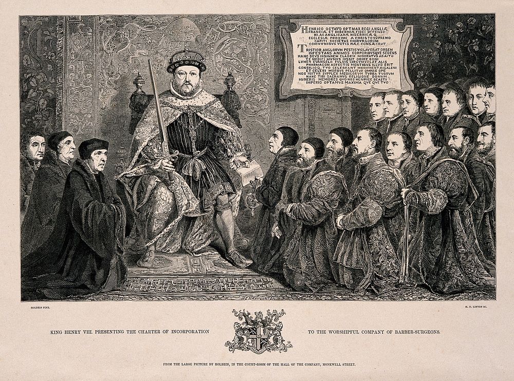 King Henry VIII granting a Royal charter to the Barber-Surgeons Company. Wood engraving by H.D. Linton after H. Holbein.