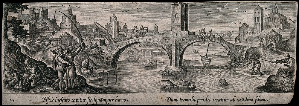 Men fishing from the banks of the river and from a bridge spanning the water. Engraving after H. Bol.
