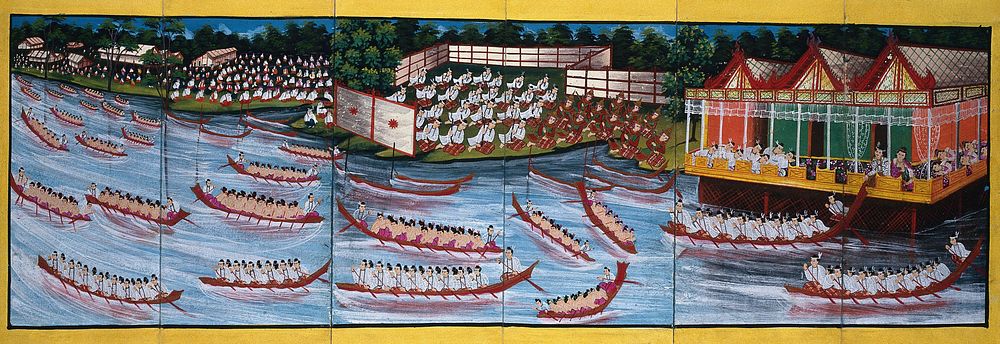 Burma: a regatta watched by a royal personage. Gouache painting.