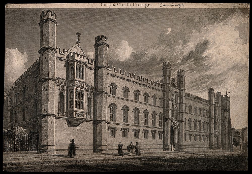 Corpus Christi College, Cambridge. Line engraving.
