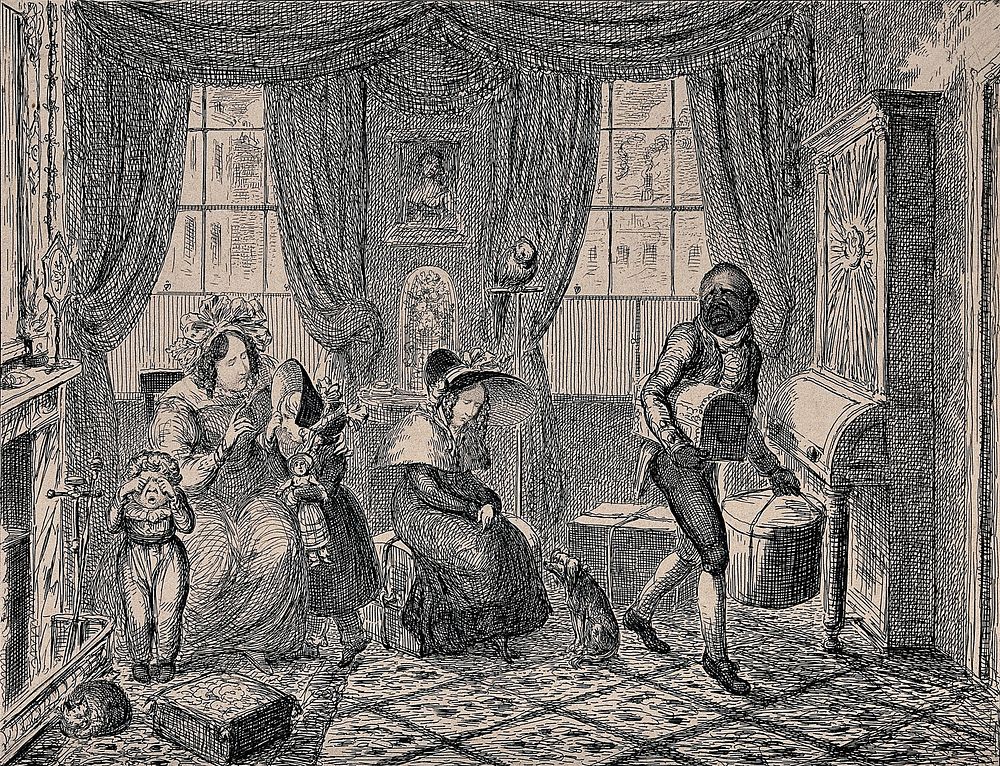 A family is about to return from their holiday in a London townhouse. Etching by George Cruikshank after S.K.