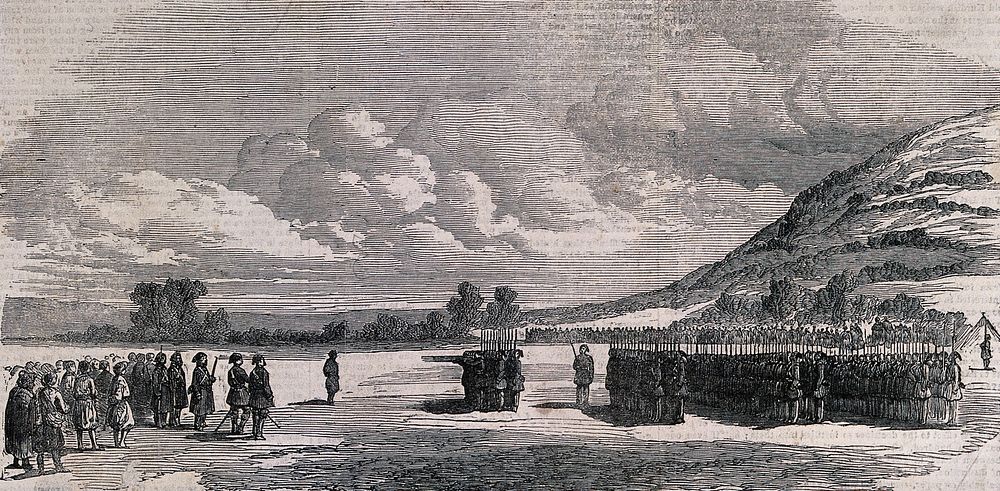 Military execution of a Russian spy at Schumla. Wood engraving.