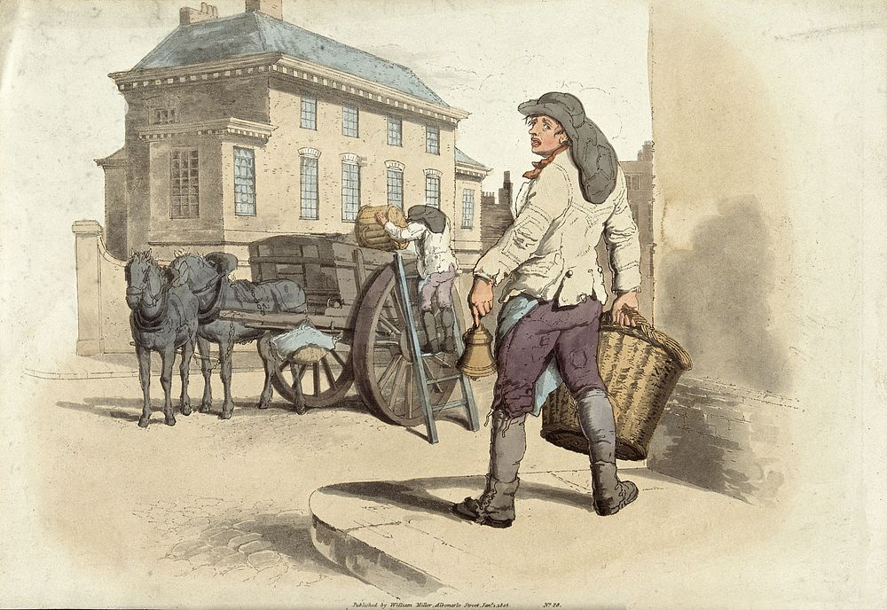 A dust cart with a refuse collector (dustman) ringing a bell to collect household rubbish. Coloured aquatint by W.H. Pyne…