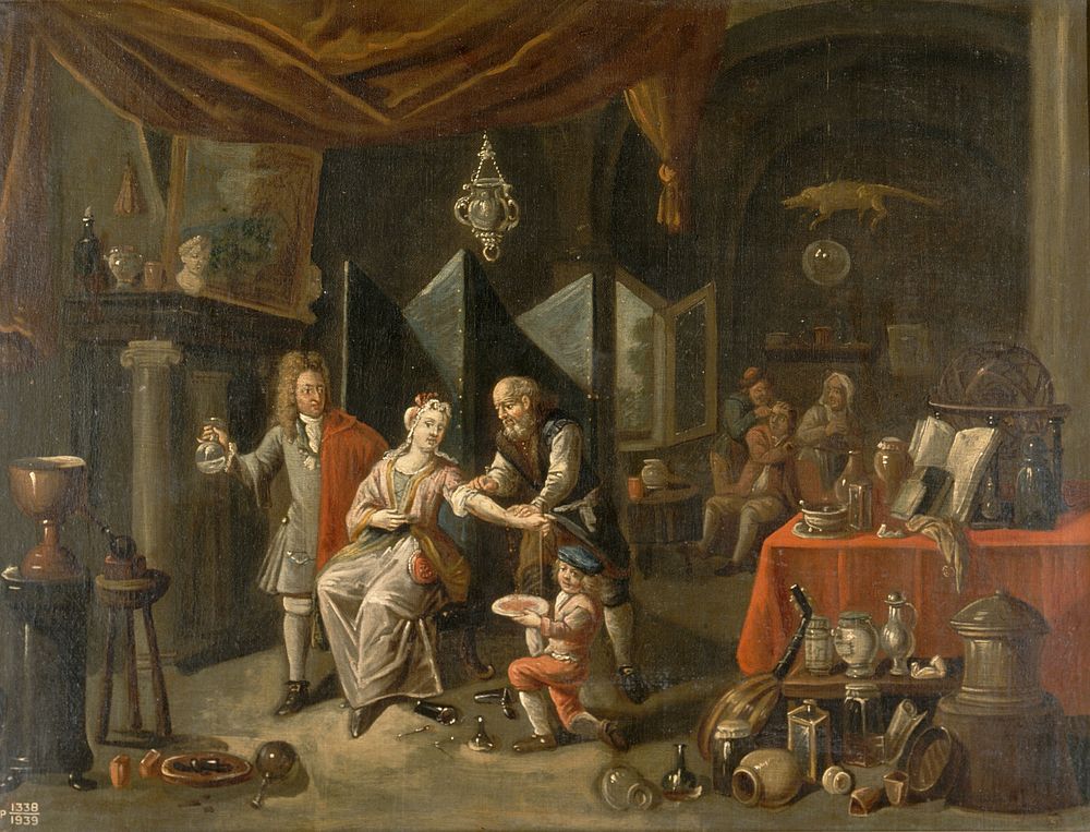 A surgeon letting blood from a woman's arm, and a physician examining a urine-flask. Oil painting by a Flemish painter, 18th…