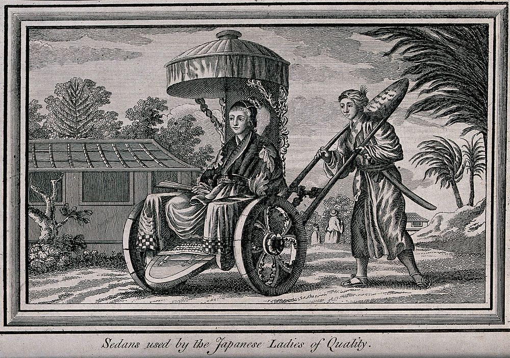 A young man pushing a lady in a wheel chair or rickshaw. Engraving, 1771.