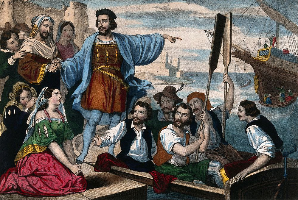 Christopher Columbus, surrounded by a crowd of people, is about to embark on his ship, August 1492. Coloured lithograph, ca.…