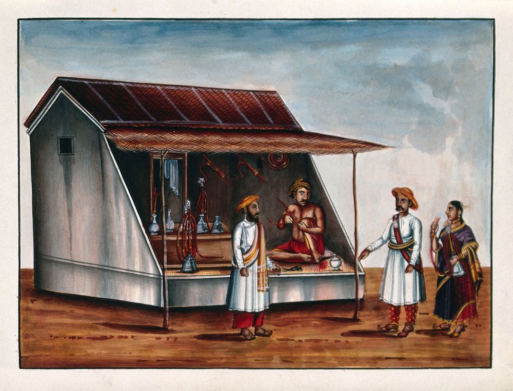 A woman and two men at a hookah shop. Gouache painting by an Indian painter.