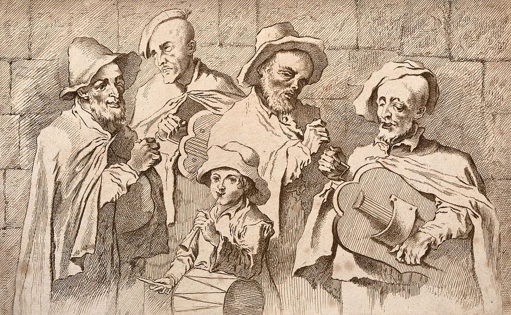 Four blind men and a boy playing musical instruments and singing. Etching by C. Du Bosc after A. Watteau.