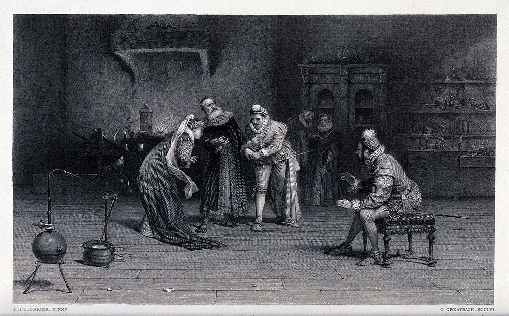 A noblewoman and two noblemen examining some gold produced by an alchemist. Engraving by G. Greatbach after A.H. Tourrier.