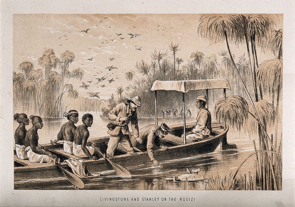 Henry Morton Stanley and David Livingstone on the River Ruzizi. Lithograph.