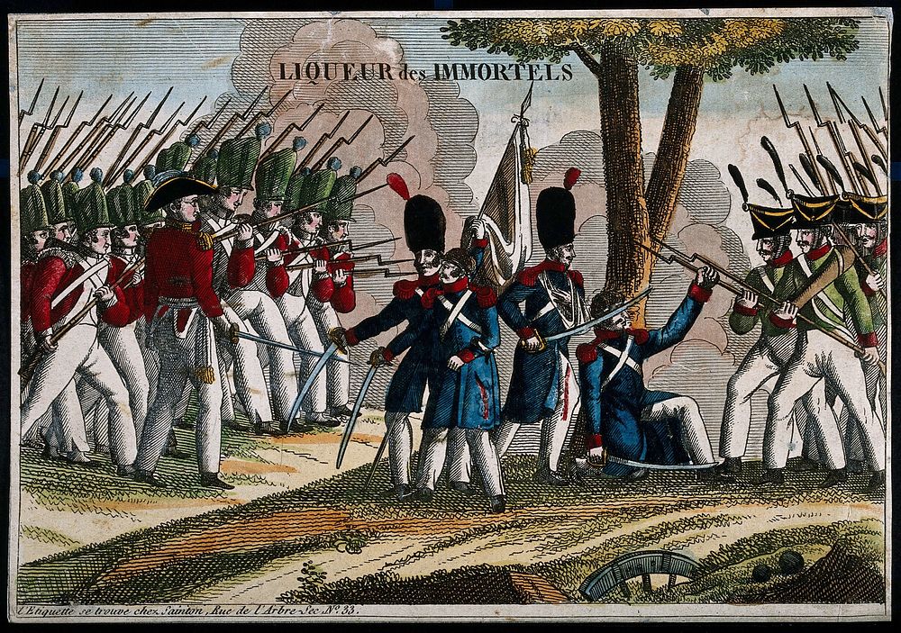 A liqueur label illustrated with French soldiers surrendering to foreign troops. Coloured engraving, 19th century.