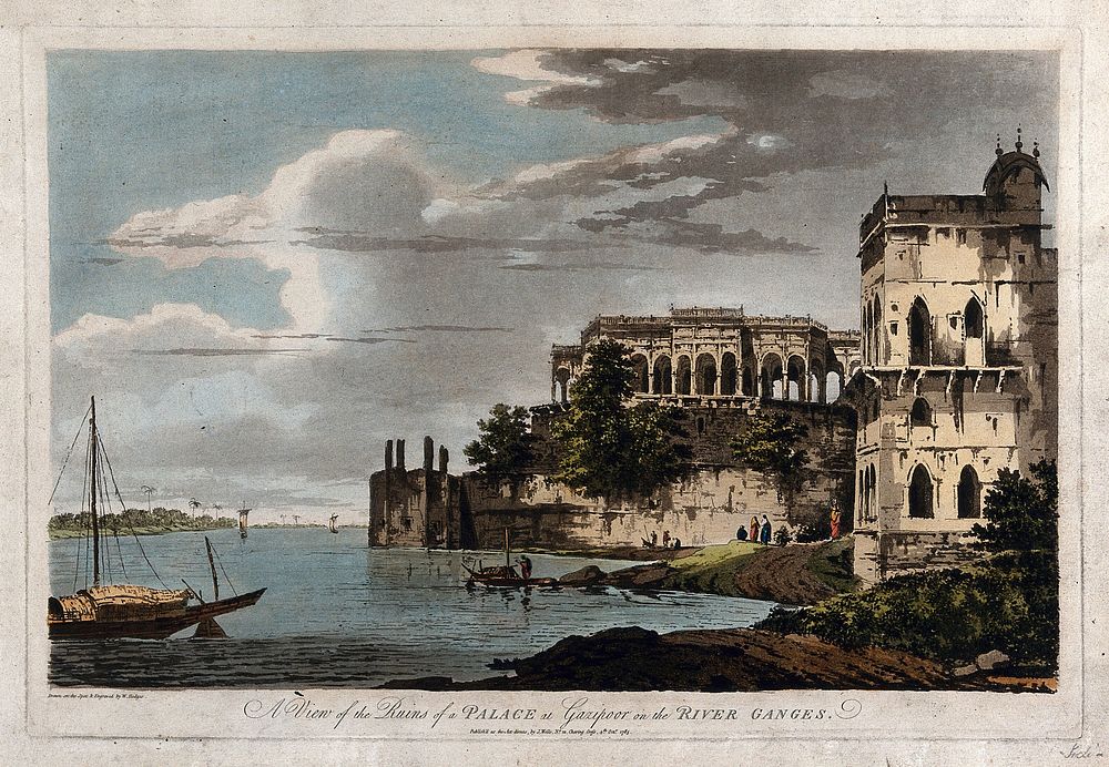 Ghāzīpur, Uttar Pradesh: a ruined palace on the river Ganges. Coloured etching by William Hodges, 1785.