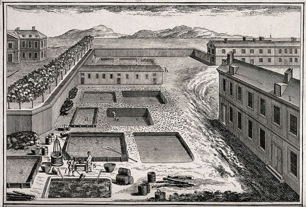 Pottery: various shallow pits outside a factory, with workmen standing by. Engraving by Defehrt after Lucotte.