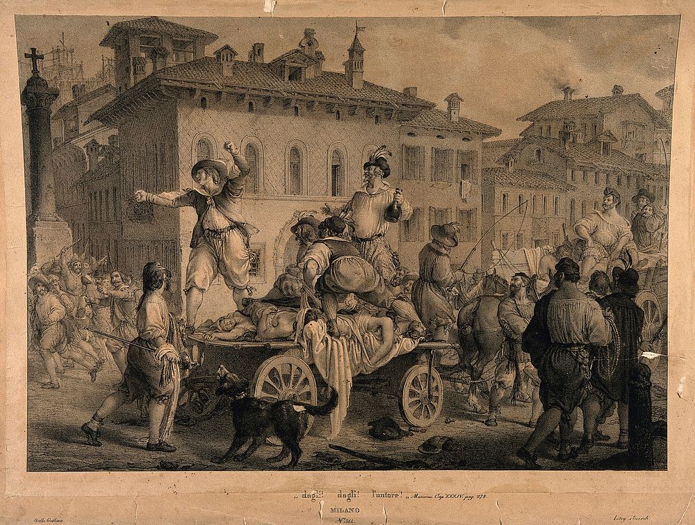 Accusing the anointers in the great plague of Milan in 1630; a scene from Manzoni's 'I promessi sposi'. Lithograph by G.…