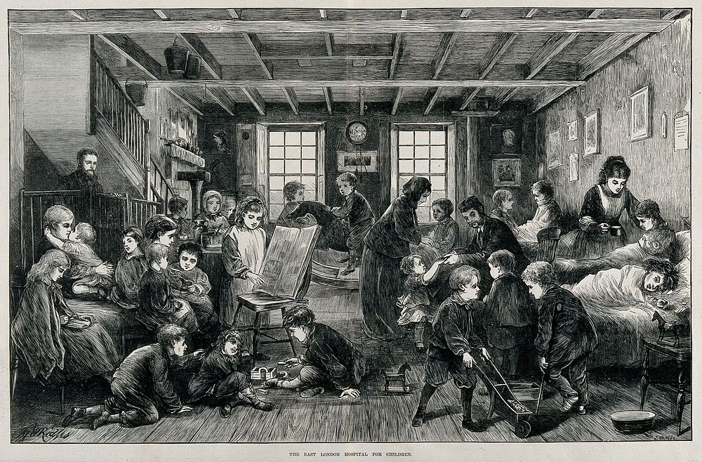 Children at play in the East London Hospital for Children. Wood engraving by J. Swain after G.W. Ridley, 1872.