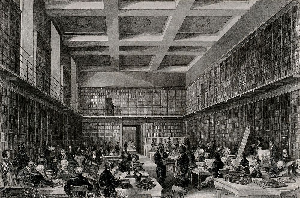 The British Museum: the reading room, with many readers. Engraving by H. Melville after T. H. Shepherd.