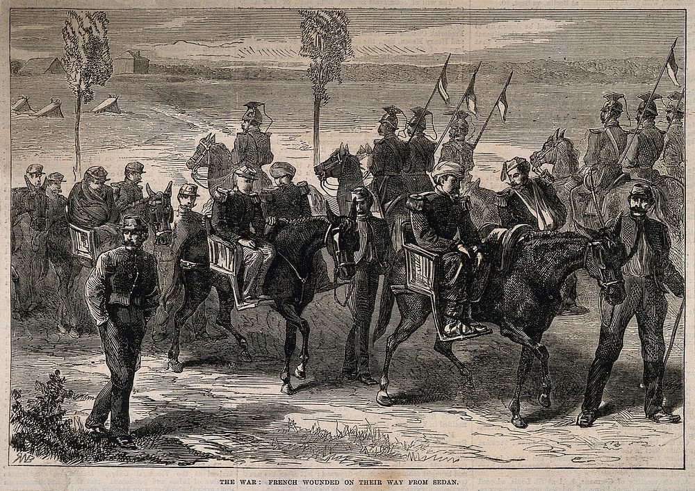 Franco-Prussian War: the wounded French from the Sedan Campaign. Wood engraving by RWB .