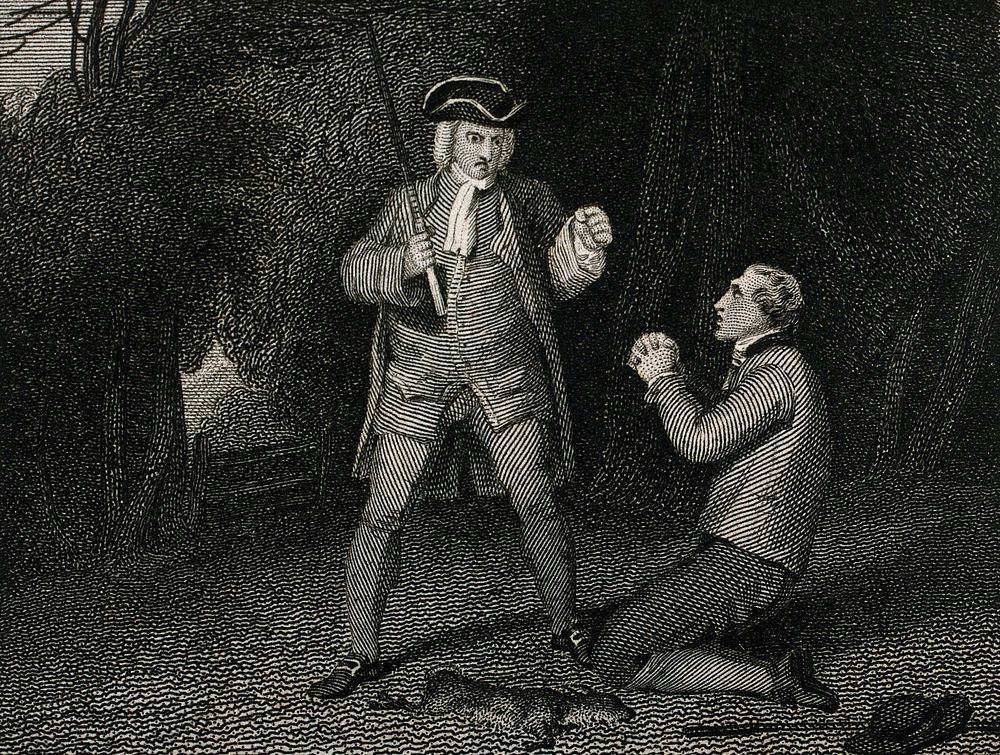 A man in a hat and carrying a stick reprimands a man who is on his knees in front of him. Engraving by Charles Heath, 1810…