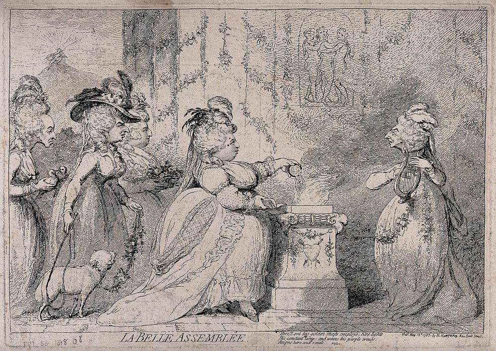 Five elderly ladies caricatured as young women performing a sacrifice in a classical tableau. Etching by J. Gillray, 1787.