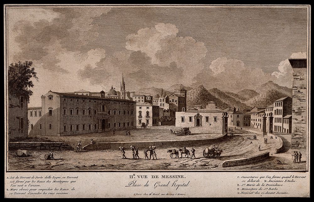 Hospital, Messina, Sicily, Italy: the central square with a numbered key. Tinted etching by J. Deny, 1783.