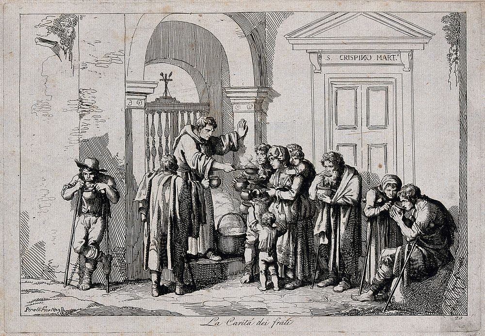 A friar giving food to lame people and to a mother and her two children. Etching by B. Pinelli, 1809.