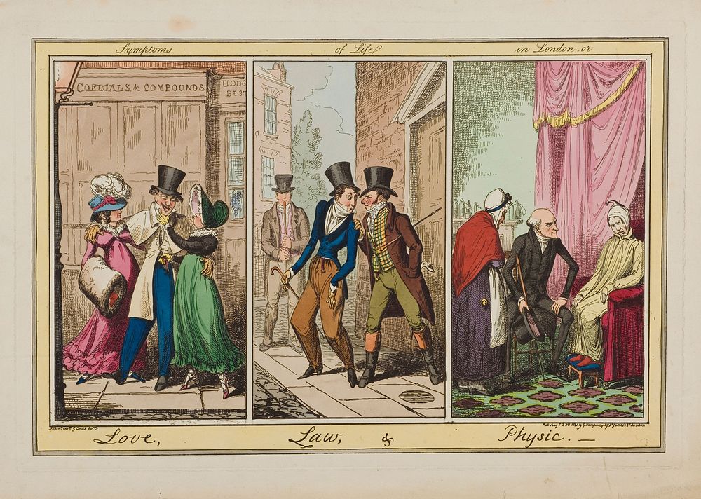 Three London scenes: a man being cajoled by two prostitutes, a young man being accosted by two debt-collectors, and a…