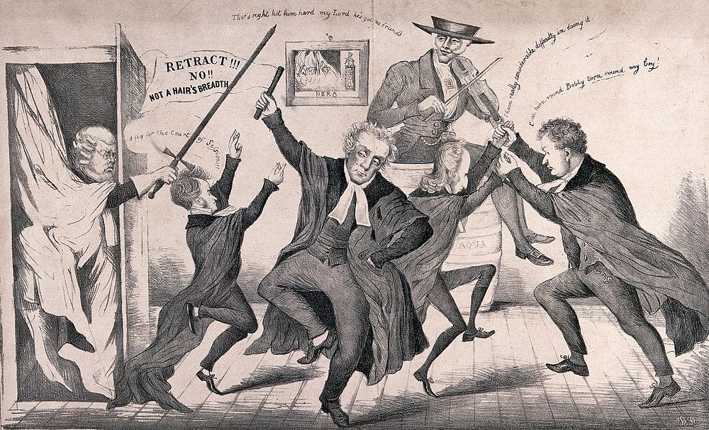 Men in clerical dress are dancing to the tune the man is playing on his fiddle. Lithograph.