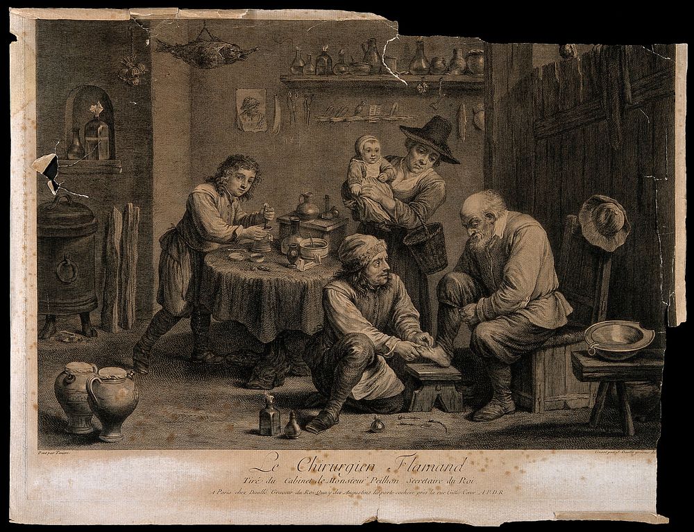 A Flemish surgeon treating an elderly man's foot, an assistant is mixing a concoction with a pestle and mortar in a surgery.…