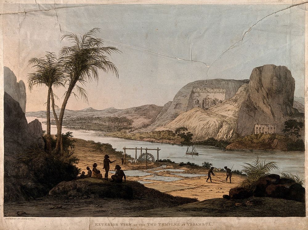 Abu Simbel: two temples seen from across the Nile river. Coloured etching by A. Aglio, 1820, after G. Belzoni.