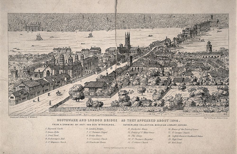 Southwark and London Bridge: a panorama with key. Etching by N. Whittock after A. van den Wyngaerde, c. 1546.