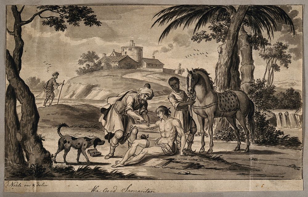 The good Samaritan stopping to help treat a wounded man. Drawing by Jefferyes Hamett O'Neale.