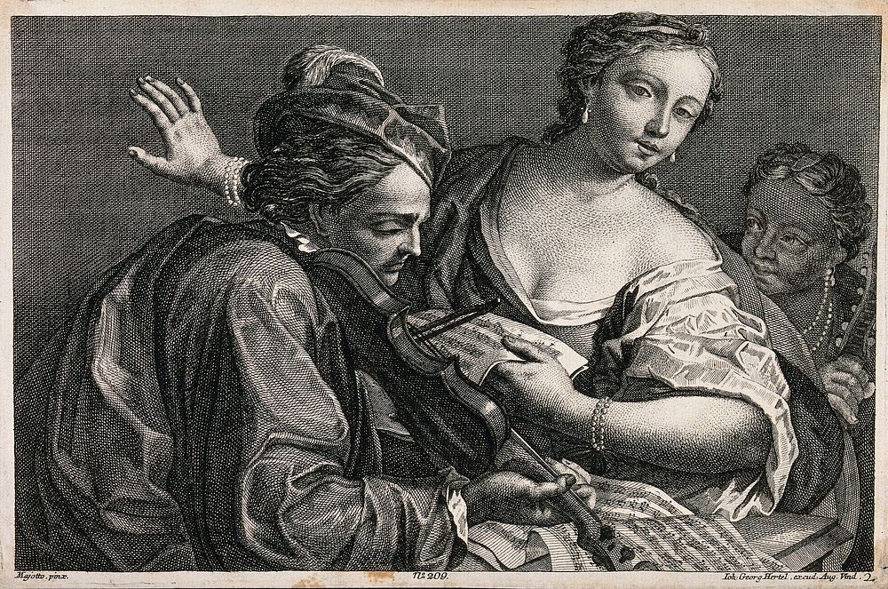 Two musicians play the violin and lute as a woman sings. Engraving after D. Maggiotto.