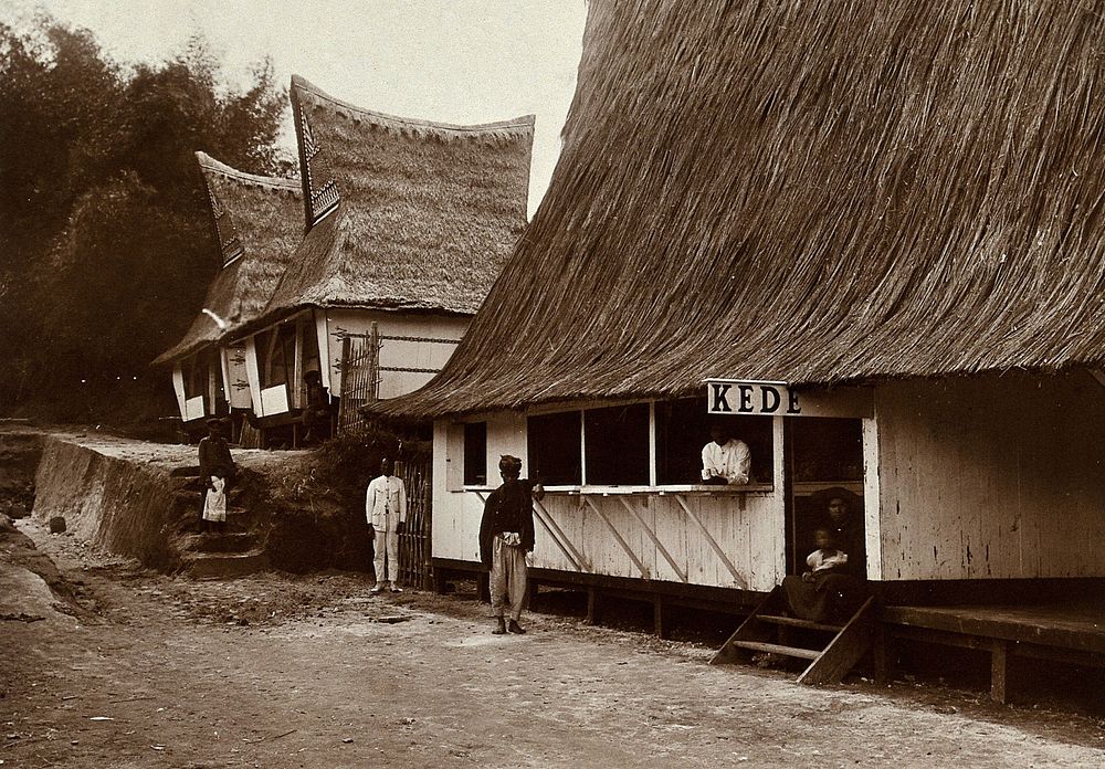 Boarding houses for visitors to a local asylum for people with leprosy, next to the village shop; the buildings have tall…