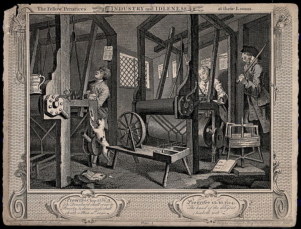 Two men are working at looms as a man with a large stick looks around the door to see if they are working. Engraving by…
