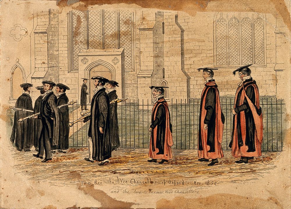 University of Oxford: the Vice Chancellor of Oxford (1852) and the two former ones walking towards a ceremony. Coloured…