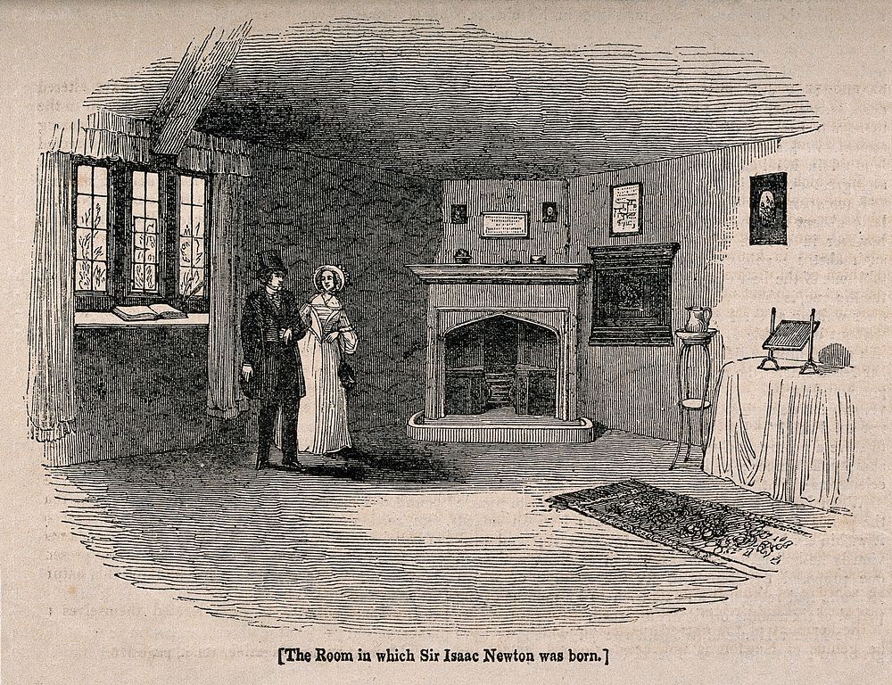 The room in the house in Woolsthorpe, Lincolnshire, where Sir Isaac Newton was born; a man and a woman visiting. Wood…