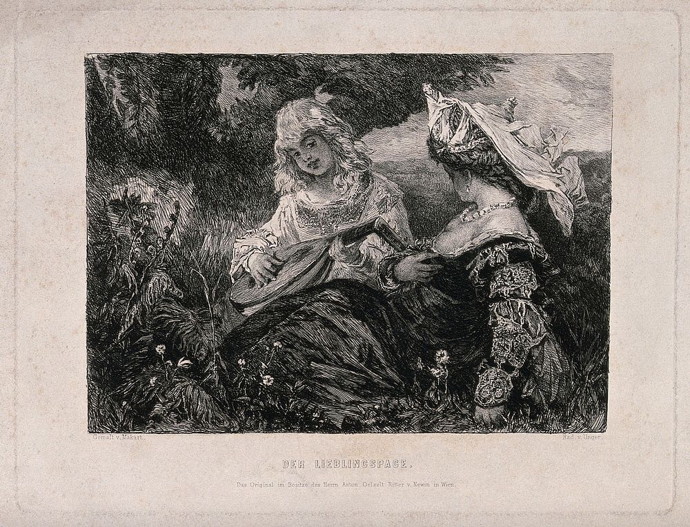 A lady listens to music played by her favourite page boy. Etching by W. Unger after H. Makart.