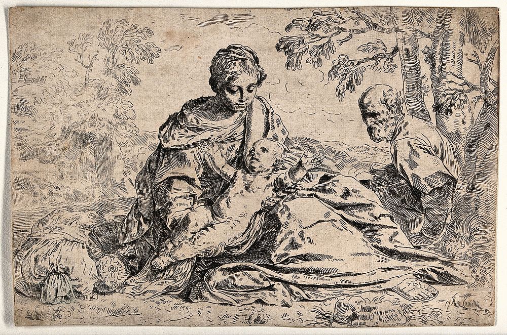 Saint Mary (the Blessed Virgin) and Saint Joseph with the Christ Child. Etching by G.B. Castiglione.