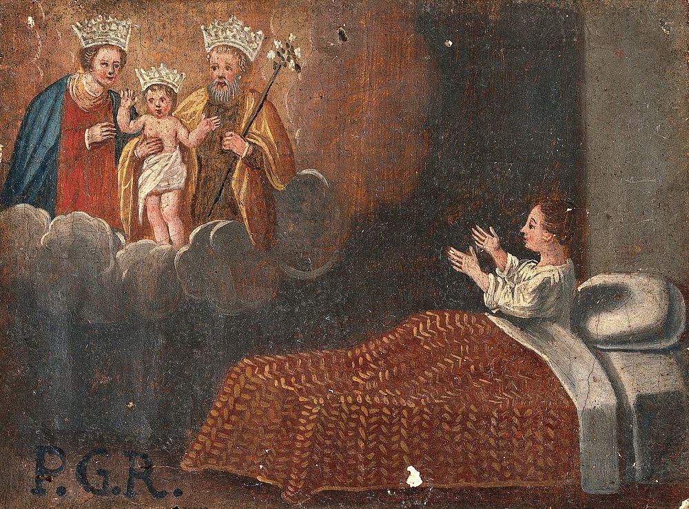 A child in bed praying to the Holy Family. Oil painting.