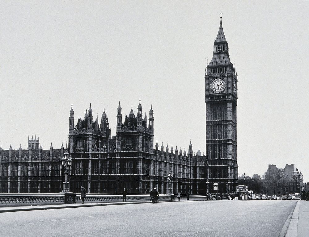 The Houses of Parliament, viewed from Lambeth Bridge. Photograph.