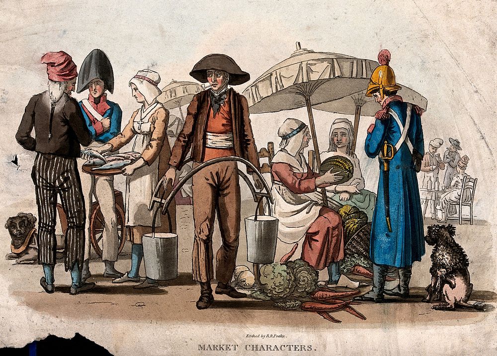 A market with a man carrying pails of milk, a woman selling vegetables to a sapeur-pompier (fireman), and a woman selling…